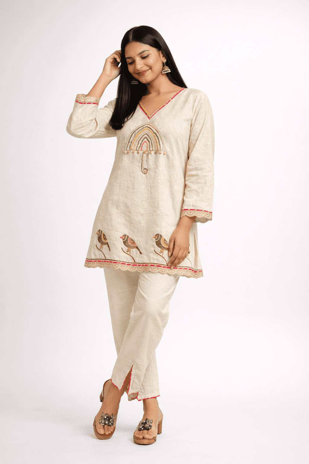 Beige Cotton Cord Set with Handwork Lace